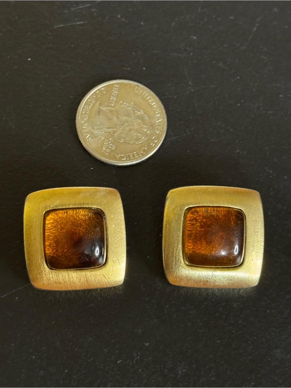 Vintage FLP Gold Tone Square Clip-On Earrings with Amber Cabochons